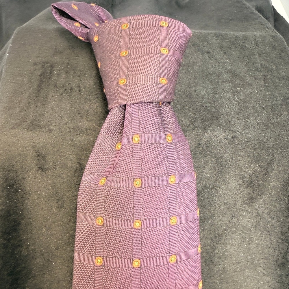 Vintage Hermès Silk Tie — Plum Purple with Gold Medallion Dot Pattern Pristine
